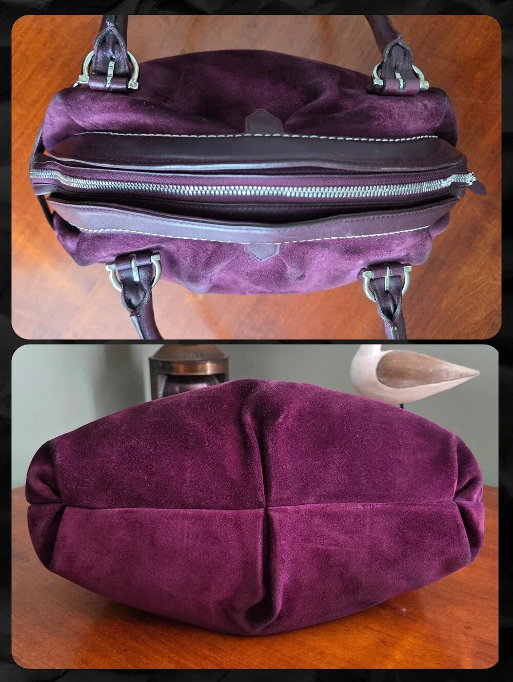 Salvatore Ferragamo Mirtillo Burgundy Suede Calfskin Leather Satchel Bag